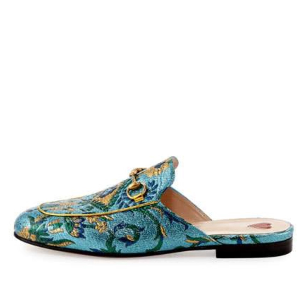 Gucci Blue Horsebit Brocade Princetown Mules